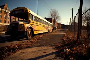 un' largo - angolo tiro di un' scuola autobus fermare cartello con un vuoto marciapiede nel il sfondo. generativo ai foto