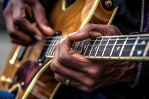 un' Impressionante vicino - su tiro di un' strada del musicista mani appassionatamente giocando il chitarra. generativo ai foto