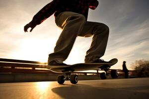 il energia e atletismo di un' skateboarder nel un' vicino - su sparo. generativo ai foto