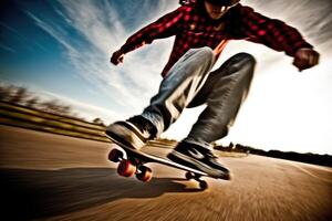 il energia e atletismo di un' skateboarder nel un' vicino - su sparo. generativo ai foto