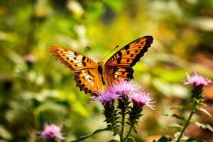 il la tranquillità e bellezza di natura con un' vicino - su tiro di un' colorato farfalla riposo su un' fiore. generativo ai foto