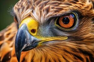 il espressive occhi di un' maestoso uccello nel un' vicino - su sparo. generativo ai foto