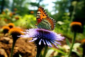 il la tranquillità e bellezza di natura con un' vicino - su tiro di un' colorato farfalla riposo su un' fiore. generativo ai foto