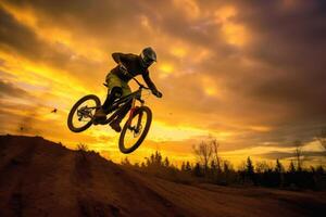 un' vicino - su Visualizza di il silhouette di un' uomo su un' bicicletta salto nel il d'oro tramonto. generativo ai foto