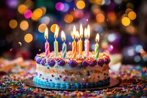 vicino - su foto di un' compleanno celebrazione con un' meravigliosamente decorato torta, colorato candele. generativo ai