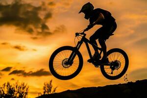 un' vicino - su Visualizza di il silhouette di un' uomo su un' bicicletta salto nel il d'oro tramonto. generativo ai foto