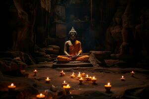 nel Questo potente Immagine, un' Budda statua si siede con grazia nel un' loto posa, radiante un' senso di calma e la tranquillità. generativo ai foto