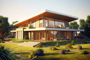 eco - amichevole Casa con un' moderno design e un' forte enfasi su sostenibilità. 3d rendere. generativo ai foto
