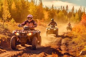 un' vicino - su foto di un' gruppo di persone equitazione atv veicoli su un via - strada traccia durante un' turistico avventura. generativo ai