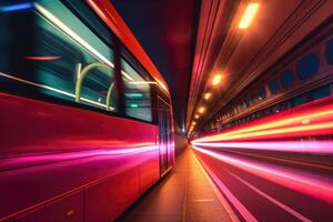 vicino - su sparo, fascino di Londra a notte come un' rosso Doppio - decker autobus con grazia croci. generativo ai foto