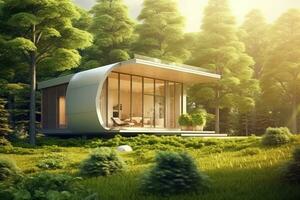 eco - amichevole Casa con un' moderno design e un' forte enfasi su sostenibilità. 3d rendere. generativo ai foto