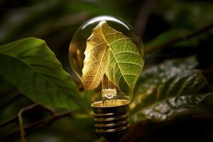 vicino - su foto, il concetto di rinnovabile energia e sostenibile vivente attraverso il raffigurazione di un eco - amichevole lampadina fatto a partire dal fresco le foglie. generativo ai foto