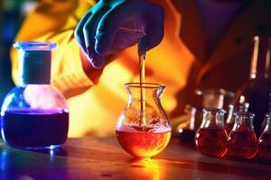 un' vicino - su foto di un' scienziati mano, rivestito nel un' laboratorio cappotto e guanti, Avvincente un' borraccia contenente un' chimico soluzione. generativo ai