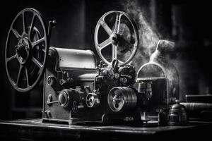 un' cinematografico, monocromatico tiro di un incustodito Vintage ▾ proiettore getto immagini su il schermo. generativo ai foto