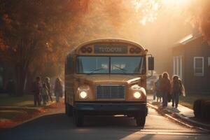 un atmosferico stabilendo tiro di un' scuola autobus nel il morbido mattina luce. generativo ai foto