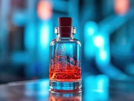 un' vicino - su foto di un' blu bicchiere borraccia fiala pieno con un' luminosa rosso chimico soluzione. generativo ai