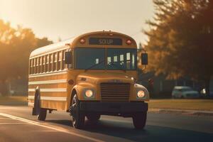 un atmosferico stabilendo tiro di un' scuola autobus nel il morbido mattina luce. generativo ai foto