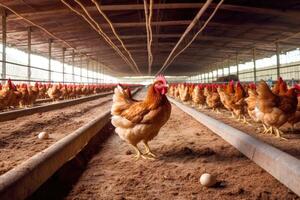 il spazioso e bene - organizzato ambiente di un' moderno pollo azienda agricola con un' vicino - su tiro di un' pollo Casa. generativo ai foto