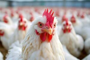 il spazioso e bene - organizzato ambiente di un' moderno pollo azienda agricola con un' vicino - su tiro di un' pollo Casa. generativo ai foto