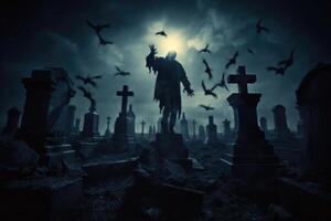 un' vicino - su fotografia raffigurante un' spaventoso Halloween scena nel un' scuro, illuminato dalla luna cimitero. generativo ai foto