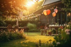 atmosferico tiro di un' giardino compleanno festa a tramonto. generativo ai foto