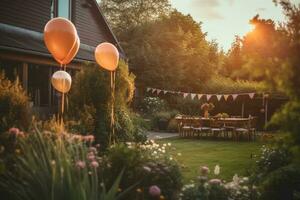 atmosferico tiro di un' giardino compleanno festa a tramonto. generativo ai foto