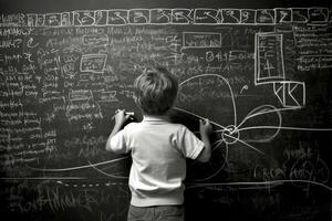 foto di un' bambino disegno un' lavagna pieno di complesso matematico formule, fingendo per essere un' insegnante. generativo ai