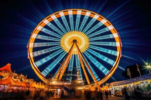 il iconico oktoberfest Ferris ruota brillantemente illuminato contro il notte cielo. produttivo ai foto