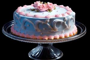 un' meravigliosamente decorato torta, è glassatura nel occhiali da sole di bambino blu e rosa. generativo ai foto