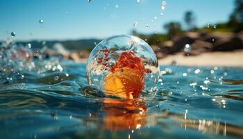 vivace estate - spiaggia palla rimbalzo su piscina acqua durante festa. generativo ai foto