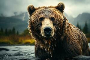 In piedi alto - imponente grizzly orso nel alaskan natura selvaggia. generativo ai foto