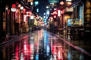 neon riflessione - piovoso notte nel un' vivace tokyo strada. generativo ai foto