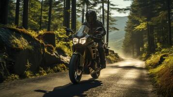 foresta cavalcata - un' emozionante Immagine di un' motociclista equitazione attraverso un' avvolgimento foresta strada. generativo ai foto