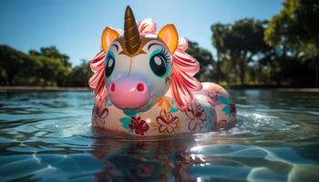 estate divertimento - colorato gonfiabile unicorno galleggiante su turchese piscina. generativo ai foto