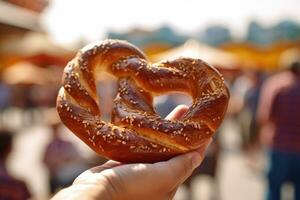 un' vicino - su di un' gigante pretzel, un' di base di Oktoberfest. generativo ai foto