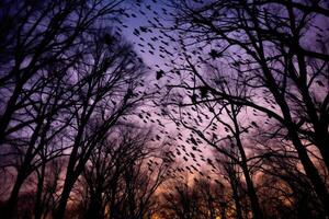 un' sbalorditivo lungo - esposizione tiro di sterile alberi contro il fondale di un' stellato notte cielo. generativo ai foto