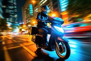 vicino - su Immagine, un' consegna uomo è equitazione il suo scooter motociclo attraverso il città strade a notte. generativo ai foto