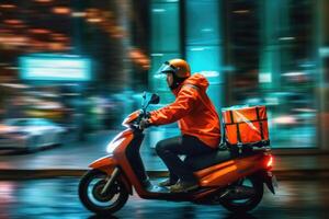 vicino - su Immagine, un' consegna uomo è equitazione il suo scooter motociclo attraverso il città strade a notte. generativo ai foto