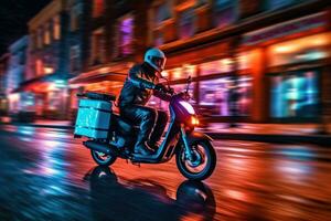 vicino - su Immagine, un' consegna uomo è equitazione il suo scooter motociclo attraverso il città strade a notte. generativo ai foto