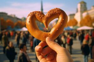 un' vicino - su di un' gigante pretzel, un' di base di Oktoberfest. generativo ai foto