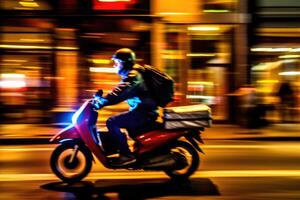 vicino - su Immagine, un' consegna uomo è equitazione il suo scooter motociclo attraverso il città strade a notte. generativo ai foto