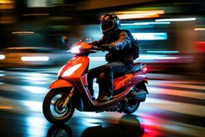 vicino - su Immagine, un' consegna uomo è equitazione il suo scooter motociclo attraverso il città strade a notte. generativo ai foto