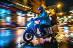 vicino - su Immagine, un' consegna uomo è equitazione il suo scooter motociclo attraverso il città strade a notte. generativo ai foto