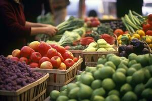 a un' vivace agricoltori mercato, fornitori Schermo un' vivace Vettore di fresco produrre. generativo ai foto