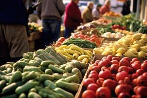 a un' vivace agricoltori mercato, fornitori Schermo un' vivace Vettore di fresco produrre. generativo ai foto