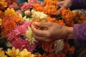 un' fiore venditore organizza un' vivace mazzo, circondato di un Vettore di colorato fiorisce. generativo ai foto