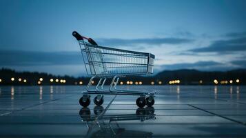 solitario shopping carrello dentro un vuoto centro commerciale. generativo ai foto