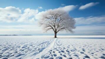 minimalista sparo, ombra di un' albero nel un vuoto neve campo. generativo ai foto