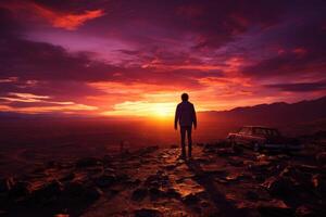 silhouette tiro di un' persona in piedi su un' cima a tramonto, il cielo dipinto con tonalità di arancia, rosso, e viola. generativo ai foto