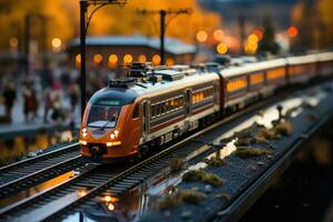 un' occupato treno stazione a picco ora, treni in arrivo e in partenza. generativo ai foto